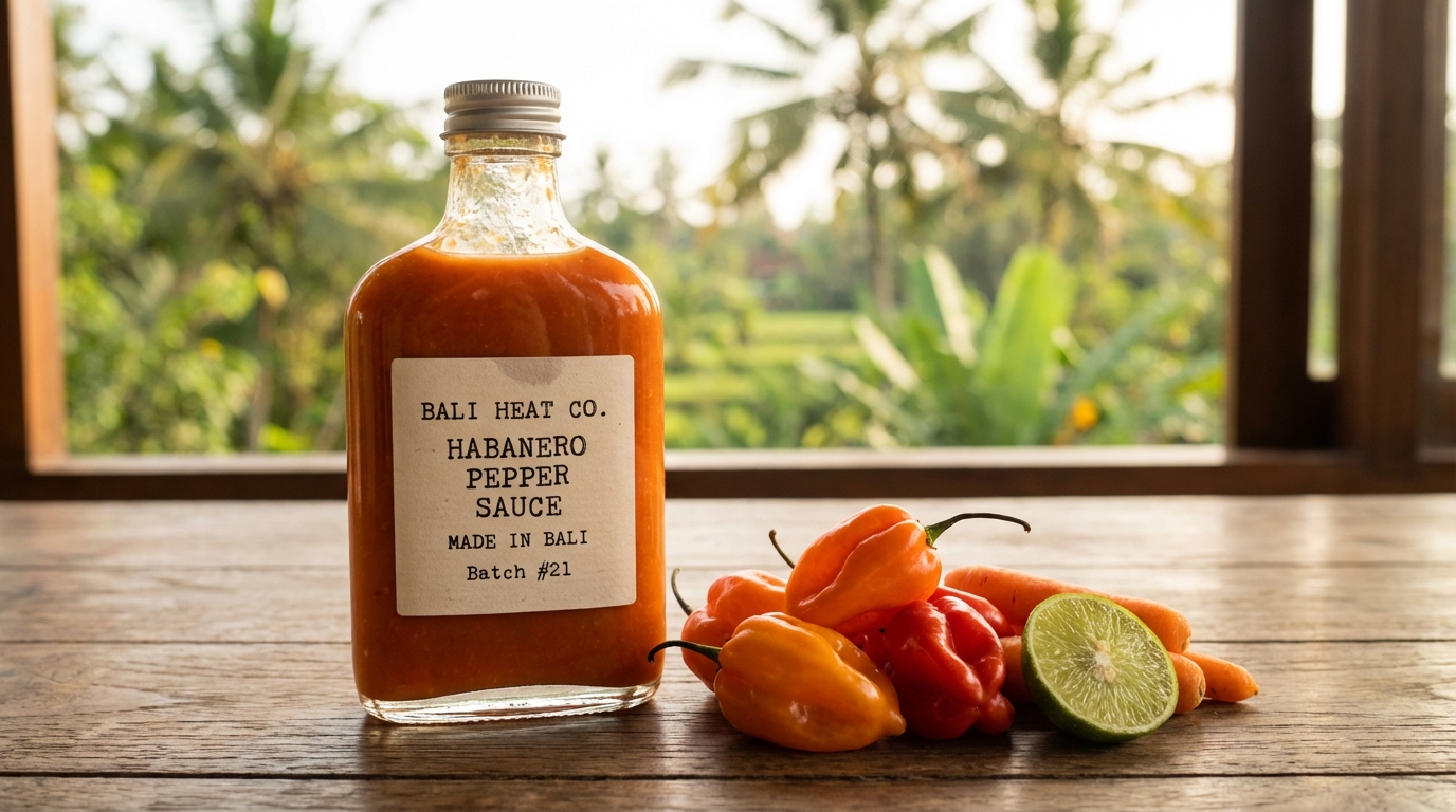 Bali Heat Co. habanero hot sauce bottle in an authentic Balinese kitchen setting with fresh ingredients